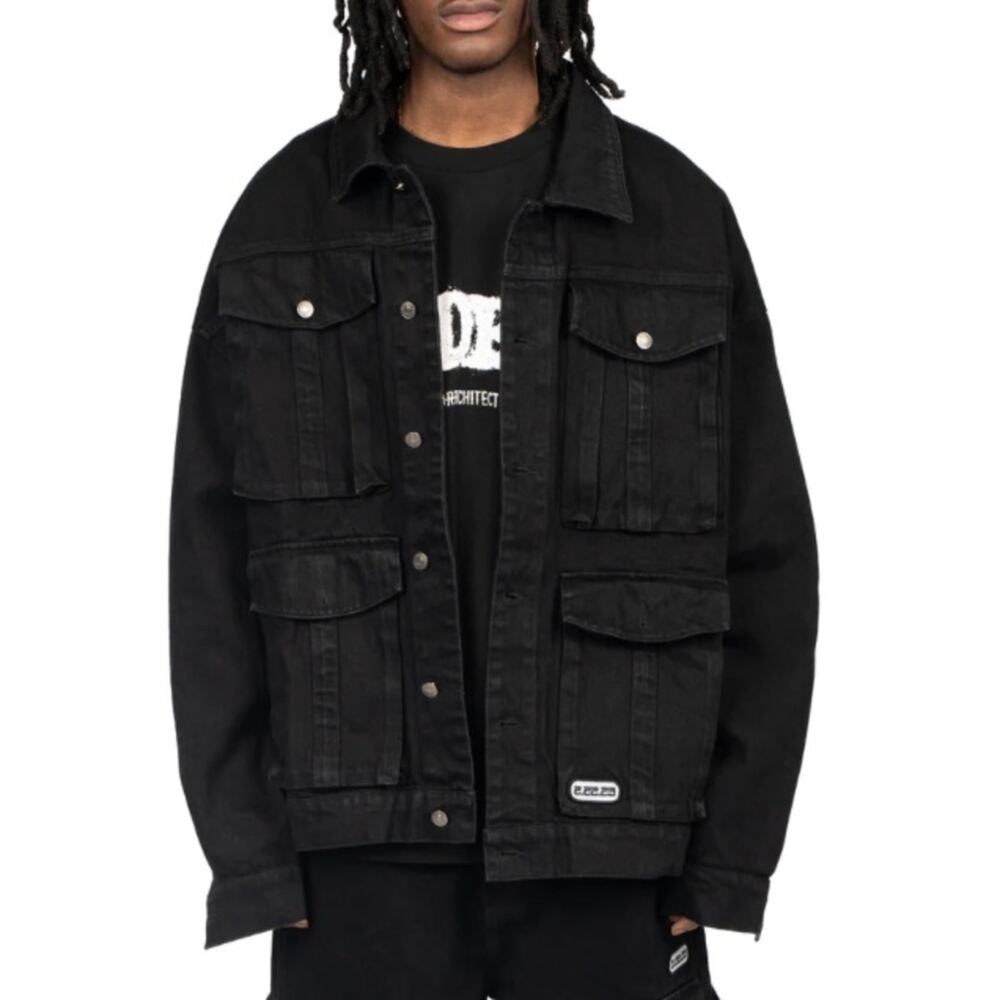 Modern Artchitect Anniversary Denim Jacket with Buttoned Pockets Stylish Black